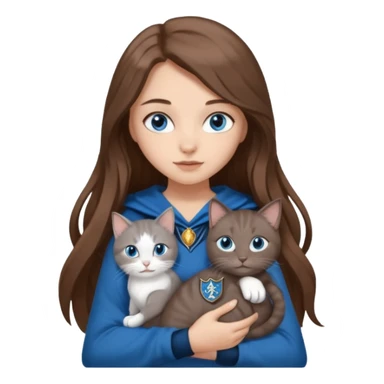gorgeous Girl with light skin, blue eyes, long brown hair, wears a ravenclaw outfit, with a grey and white cat holding in her arms sticker