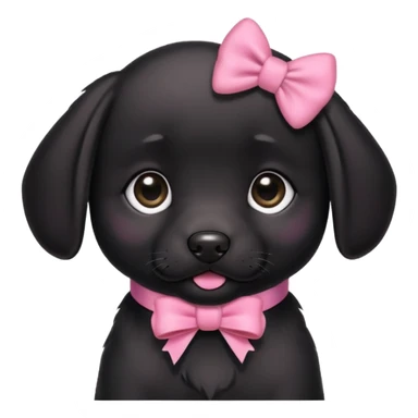 A black puppy Labrador with a pink little bow on it’s collar sticker