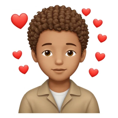 Brown boy with a dro fade haircut his hair is curly dreaming about his girlfriend small smirk on his face eyes closed with a little heart above his head sticker