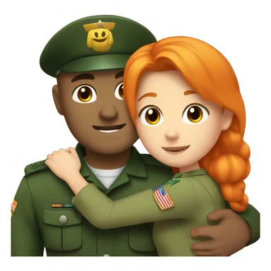 a orange hair girl hugs, a dark haired white man in a green military uniform sticker