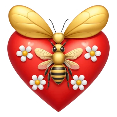 heart with flowers and bees, gold bow with heart pattern on the bow, apple emoji style sticker