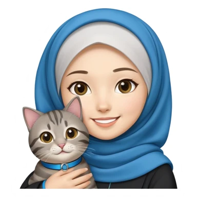 Asian White girl wearing hijab holding a black grey tabby cat while smiling. The cat is wearing a blue collar sticker