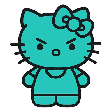 Hello Kitty character, teal color, angry expression, simple and iconic style sticker