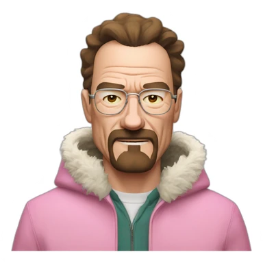 walter white wearing a pink wolf furry suits, His cheeks reflect a slight blush, expressing a reaction mixed with excitement and embarrassment. sticker