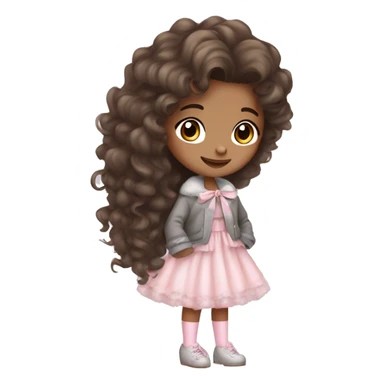 Girl with brown long curly hair cute and baby pink princess dress and gray fluffy jacket and baby pink bow and white stockings and black high heels adorable sticker