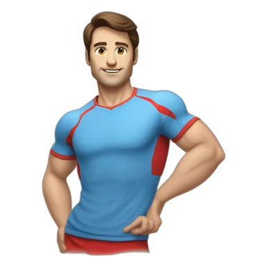 retro 70s blue and red gym clothes for a modern white brunette uni male student with glass sticker