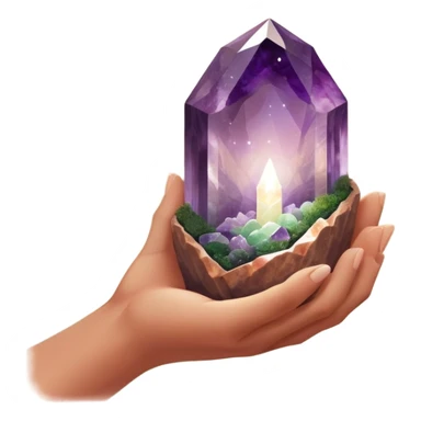 Ethereal hand silhouette (barely visible) cradling a raw amethyst geode prism, light refracting into natural scenes (e.g., skincare products in a spa), moss green (#8A9B6E) and terracotta (#B47157) gradients, soft bokeh light spots, earthy yet luxurious vibe  sticker