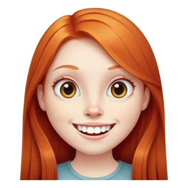 traditional emoji of young girl with very pale skin, long straight bright ginger red hair, very big wide human eyes, wide nose, big smile with extremely large prominent teeth showing, classic round face sticker