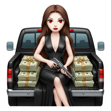 Lilith symbol red eye seductress evil long brown haired sexy succubus woman with leather long dress with slit on, sitting in Big Large F350 pickup truck. Back seat full of stacks of cash, she is  Holding a human skull of her enemies and a gun in other hand sticker