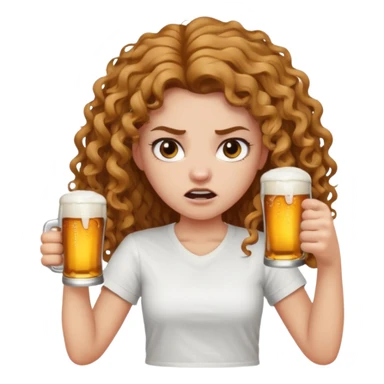 Girl with long light brown curly hair and white t-shirt with beers on hand and angry face sticker