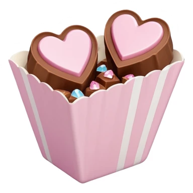 Two sharp-edged square milk chocolate pralines placed diagonally, each in a white fluted paper candy cup, with smooth glossy coating.
Flat thin pastel pink heart icing centered on top with subtle sugar crystal sparkle, clean studio lighting, pure white background, realistic minimal emoji-style. sticker