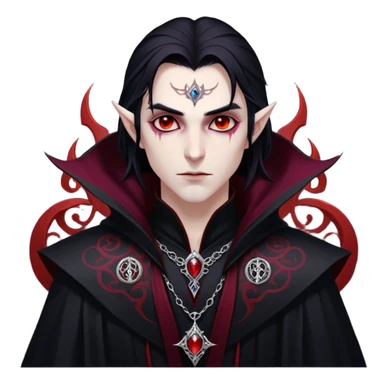 Cinematic Realistic WoW Vampire Mage Portrait, depicted with dark and mysterious elegance, wearing a flowing black robe intricately adorned with arcane silver filigree and esoteric runes. His pallid, almost ethereal skin contrasts with deep crimson, mesmerizing eyes, while his dark, slick hair falls in sleek strands. Rendered with lifelike texture and moody, dramatic lighting, high shine, noble and formidable, capturing the essence of a legendary vampire mage of Azeroth. sticker