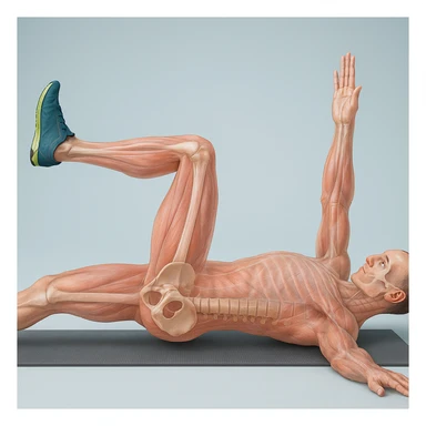 Anatomically hyperrealistic 4K depiction of a man in dead bug position, variant with one leg fully extended and the other bent, highlighting pelvis and spine bones, translucent muscles and skin, medical atmosphere. sticker