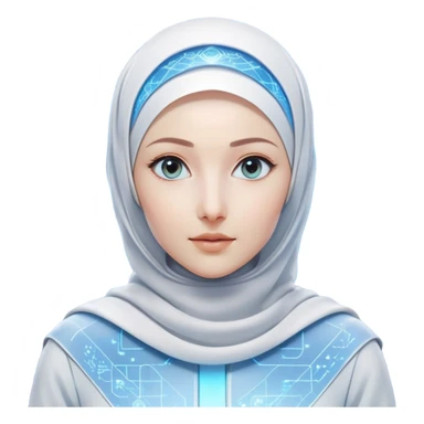 woman with white hijab wearing blue outfit, looking straight ahead, surrounded by futuristic screens showing advanced holographic interfaces, AI visualizations, quantum data patterns, circuit networks, high-tech metaverse elements sticker