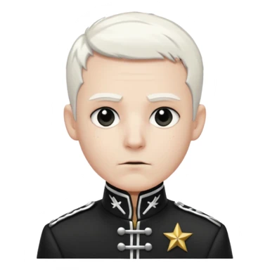 Head and shoulders emoji of a pale man with short white hair, wearing a black marching band jacket with silver trim. black eyeliner. Expression stoic, commanding, and theatrical, heroic emo style sticker