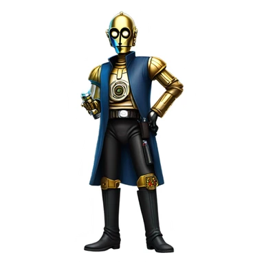 tarnished undercover tough well-equipped Jedi  life-sized darkblue-pearl C3po leather clothing pants and vest old west duster coat holding light saber sheriff sticker