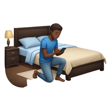 A Gen Z young person kneeling beside bed in bedroom at night praying, smartphone on nightstand, wearing casual clothes, dim lighting, posters on wall sticker