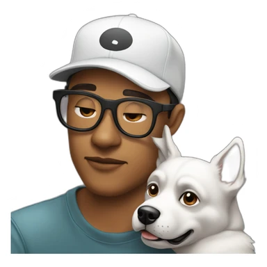 shibba dog resting on a man's lap. man is wearing a black baseball cap, has 5 o'clock shadow, is white, and wearing clear acetate glasses sticker