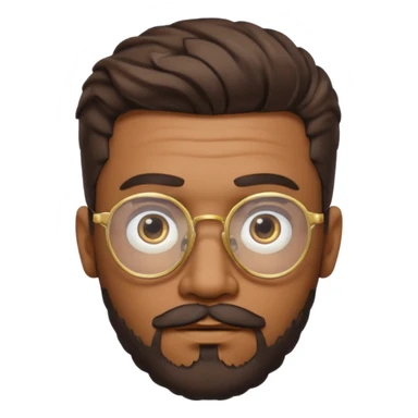classic emoji style male face with medium-brown skin, short twisted hairstyle, trimmed beard and mustache, gold-rimmed glasses, neutral facial expression, capturing distinctive features from the reference image sticker