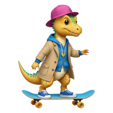 a dinosaur on a skateboard wearing a coat with sneakers in the bottom a cute pokie hairball on the top sticker