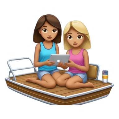Girls sitting on a pontoon boat watching iPad at night sticker
