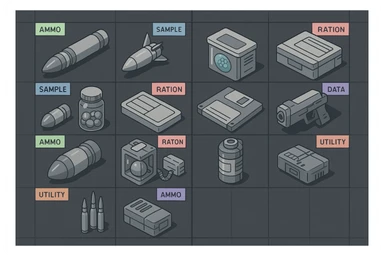 a virtual display, a gray grid with darker gray cells, each cell containing an item viewed in isometric minimalism render The cells have pastel neon colored labels in their upper corner, indicating various traits of the items. retrofuturism, circa 2880's.
The items are scientific and military in nature - varieties of munitions, scientific samples, rations, data storage, utilities. There are two arrays of grids, one left, one right. Each array has a few empty spaces at the bottom sticker