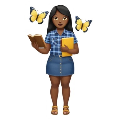 A plus-size Black woman is wearing makeup. She has long, straight black hair and is wearing a short-sleeved flannel shirt with a yellow butterfly print, a denim miniskirt, and sandals. She is standing and holding a book in one hand while extending her forearm upward with the other. sticker
