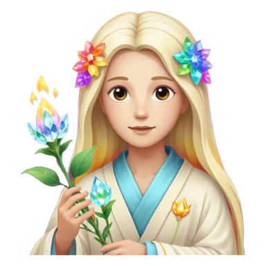 a being made of light pleidian nordic long faces but beautiful features of light with a robe on made of light and who is lanky holding a bouquet of crystal flowers on rainbow fire sticker