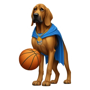 A bloodhound with a blue and Gold cape dunking a basketball! sticker