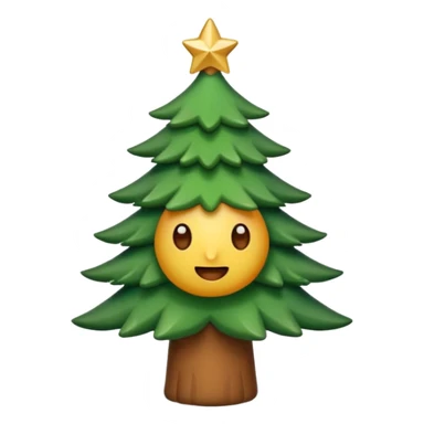 Un emoji représentant un petit sapin stylisé, sans bouche, avec deux grands yeux de biche brillants couleur cannelle. Style minimaliste, mignon et expressif, comme un sticker ou un emoji moderne. Fond parfaitement transparent, haute qualité, bien centré. sticker