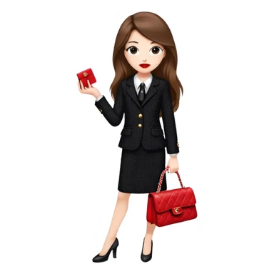 White girl with brown long hair dressed up in black chanel tweed suit with a red chanel bag and red lipstick sticker