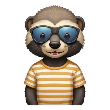 friendly anthropomorphised honey badger, close crop showing head, neck, and top of t-shirt with a striped design, wearing sunglasses sticker