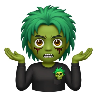 Faça um emoji de um garoto zumbi de cabelos pretos curtos com mechas loiras e com uma camisa preta de mangas compridas. sticker
