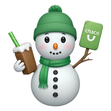 snowman wearing green cap with chaco bar sticker