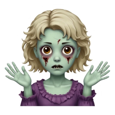 Cabelo ondulado  um pouco cheio e franja curta  Olhos marrons e pequenos e feita d ezumbi mais bonita com cabelo amarro na e com as mãos assim tipo assim🧟‍♀️ sticker