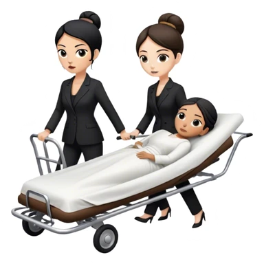 Two woman in black pants suits. One has black hair in a bun and one has brown long hair. They are pushing a stretcher with a dead body on it covers in sheets in to a black funeral Mercedes Vito car  sticker