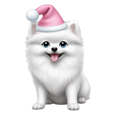 white pomeranian puppy full body light blue eyes pink christmas hat on sticker
