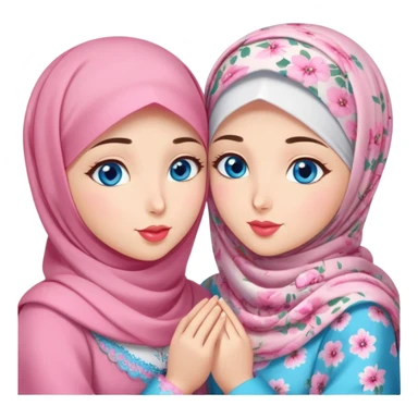 Two friendly Turkish girls beautiful finish Konya blue eyes with pink floral hijab and heart dress and Scattering kisses outside  sticker