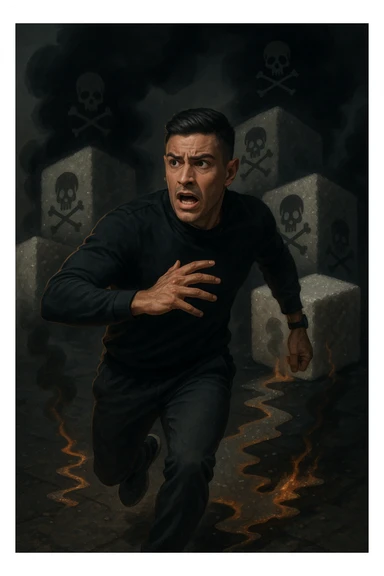 Create an image of a man in his thirties inspired by the face in the reference photo, fleeing with a scared expression. He is running away from huge stylized sugar cubes depicted as toxic, with dark halos, poison symbols like skulls, and black smoke. On the ground, there are traces of sugar melting and corroding whatever they touch. The man appears determined to escape, dressed in sporty or casual clothes. The atmosphere is dark but dynamic, with strong symbolism of sugar as a harmful substance. sticker