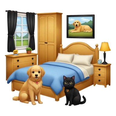 1 golden retriever and 1 black cat in a bedroom sticker