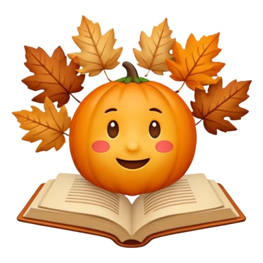 A cute 3D emoji autumn leaves around it, cozy fall colors (orange, brown, beige), playful and modern style, glossy finish, minimalistic but expressive, symbolizing a Fall Reading Challenge. sticker