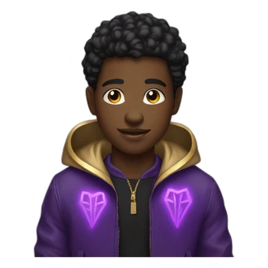 A young black man with a purple bomber jacket covered with golden glowing runes sticker