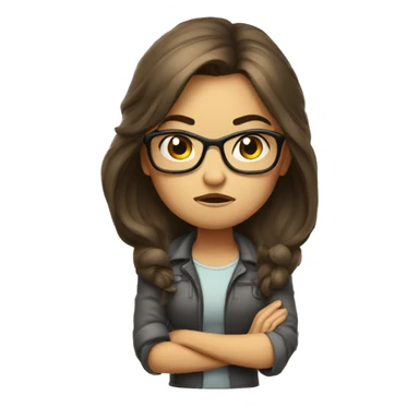 Angry scowling girl, long hair, wearing glasses, with arms crossed over chest. sticker