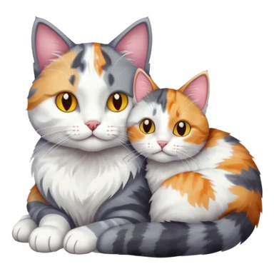 grey and white cat cuddling a colourful light patched calico + white tabby cat sticker