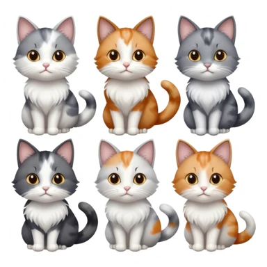 6 realistic looking cats with different natural coloured coats, assorted grey and white, greys, calico, brown and white colours etc
 sticker
