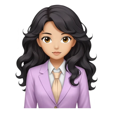 Pretty anime girl with flowing black wavy hair in a professional but feminine pastel outfit, confident boss lady pose sticker