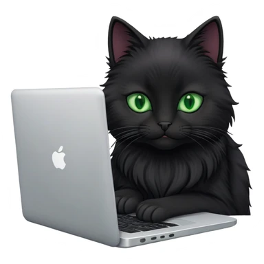 black cat with green eyes coding on laptop sticker