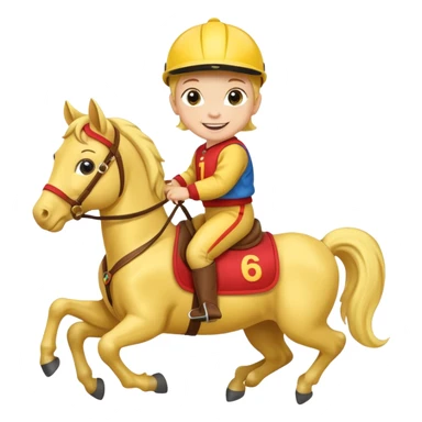 baby riding horse wearing racing cloth yellow number sticker