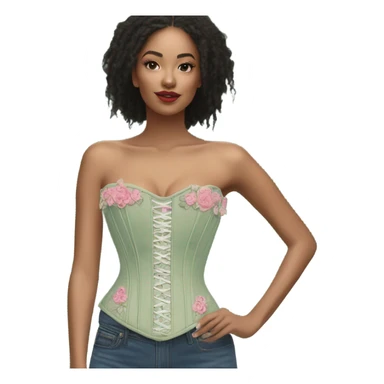 Sage green corset with flower embroidery and pink bows, isolated sticker