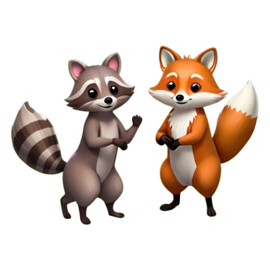 raccoon and a fox among a colorful forest with vibrant green trees, bushes and flowers. The animals are in the foreground, surrounded by a lush, bright forest, with soft sunlight filtering through the leaves. A playful photo-realistic and wild scene with a transparent background. sticker